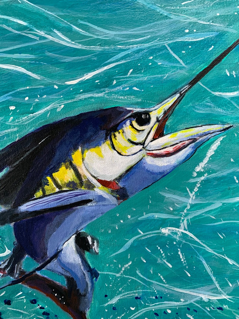 May include: An acrylic painting of a marlin fish leaping out of turquoise water. The fish is primarily blue, with yellow and white accents. The background features white brushstrokes suggesting waves.