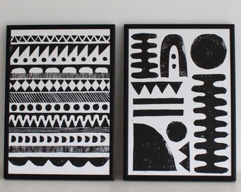 Original Set of Two A4 Geometric Lino Prints - Wall Art - Handprinted - Abstract Art
