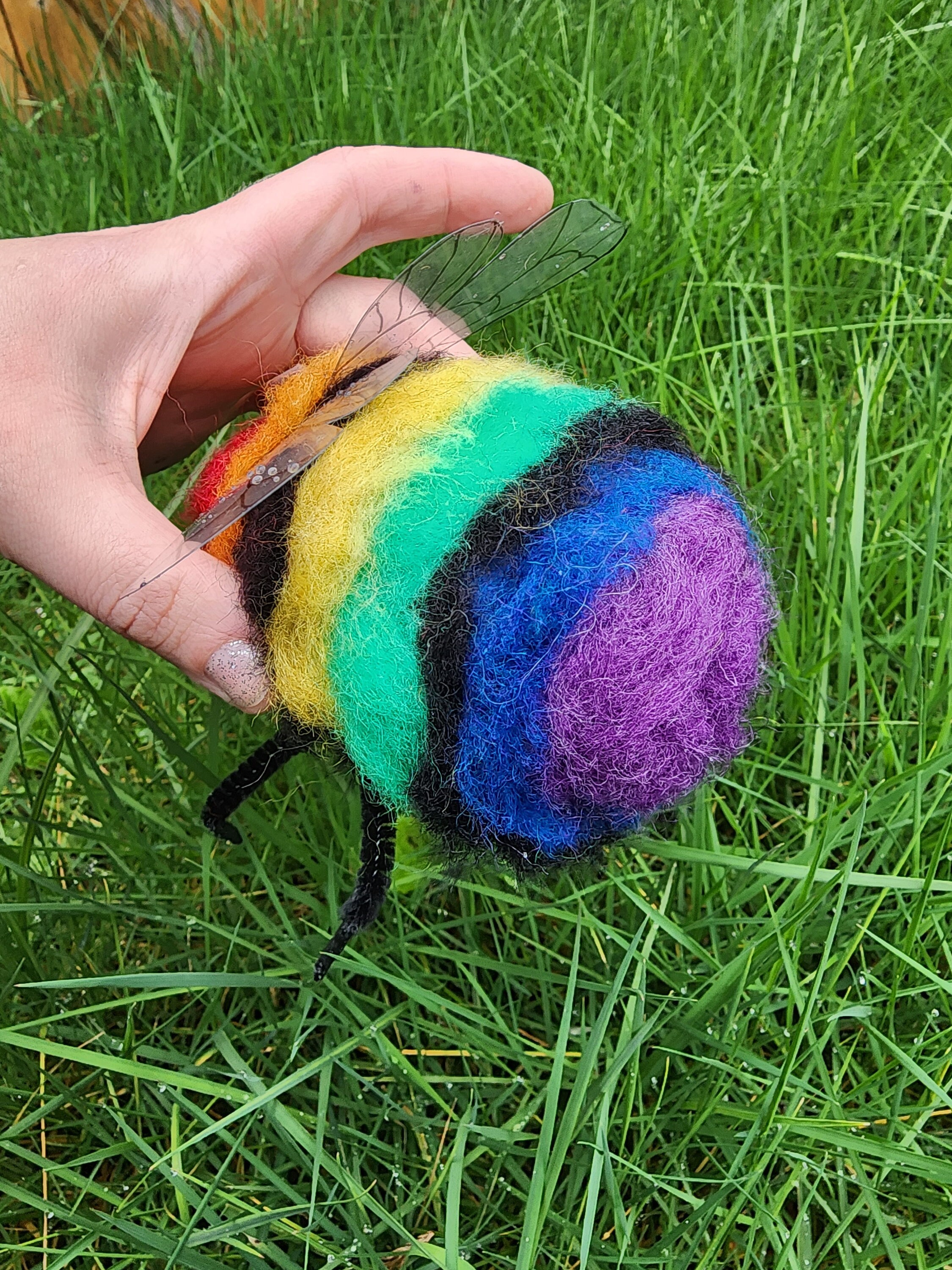 Needle Felted Giant Rainbow Bumblebee. Felted Bee Art. Bee Figure