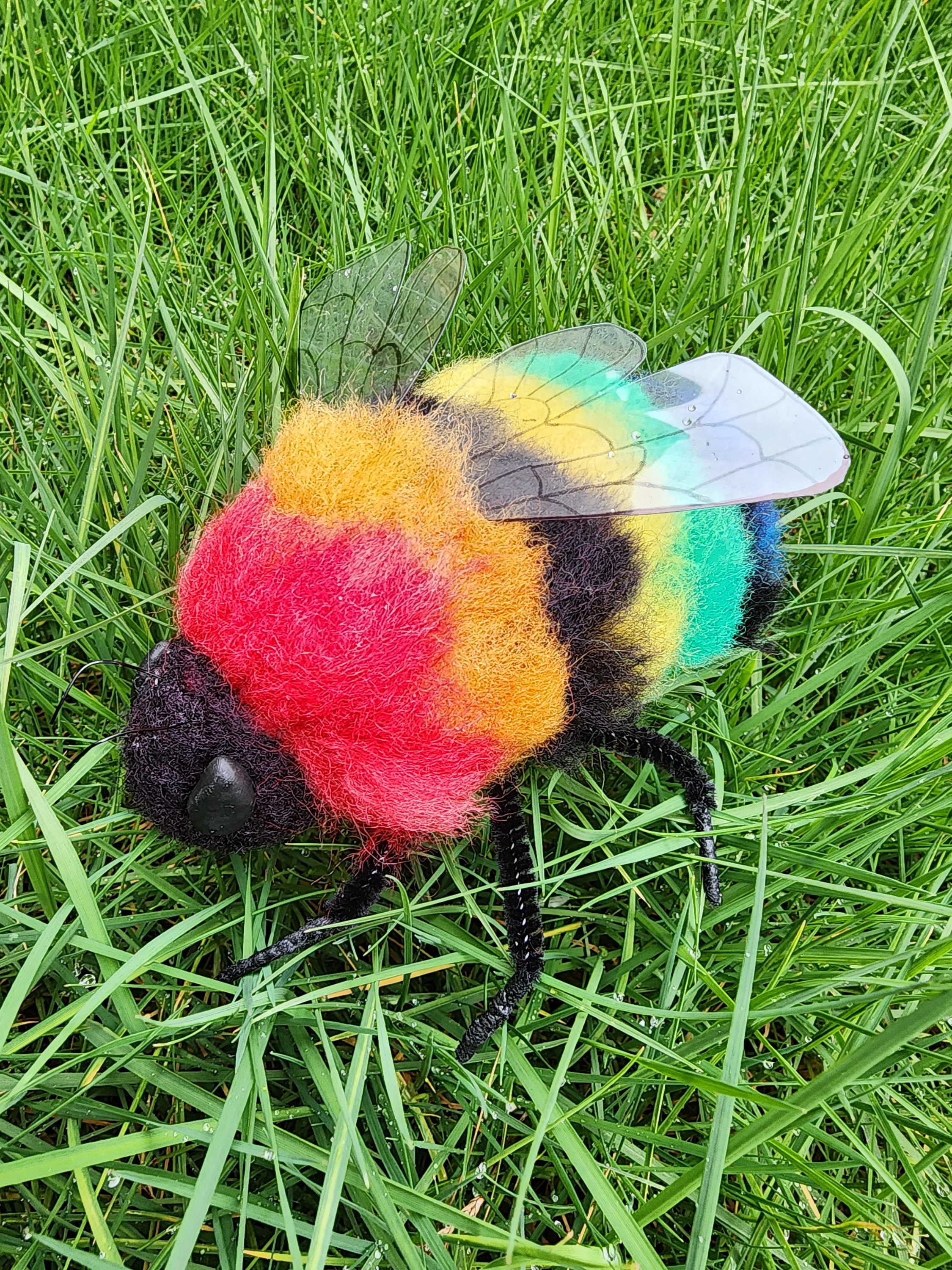 Needle Felted Giant Rainbow Bumblebee. Felted Bee Art. Bee Figure