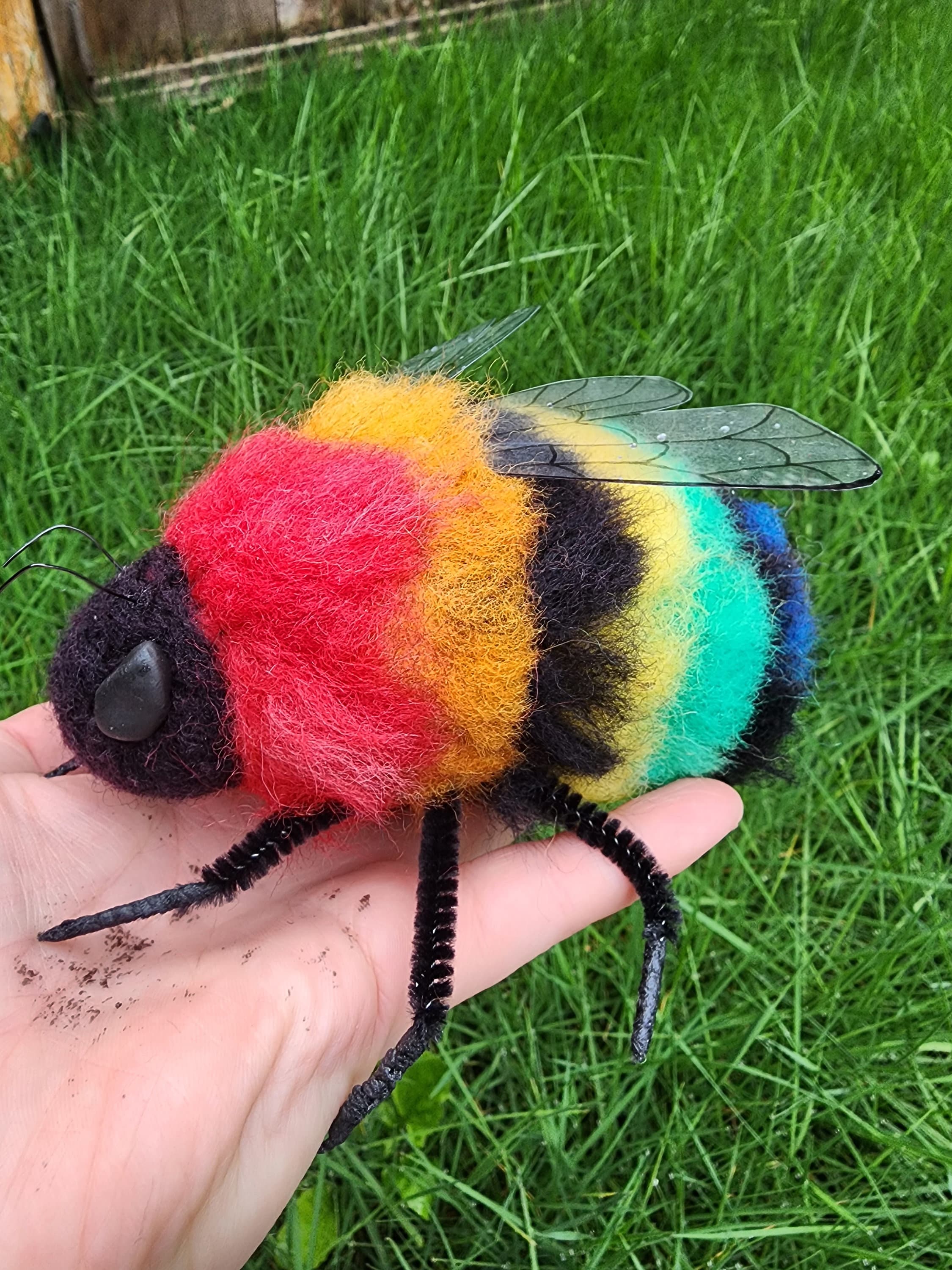 Needle Felted Giant Rainbow Bumblebee. Felted Bee Art. Bee Figure