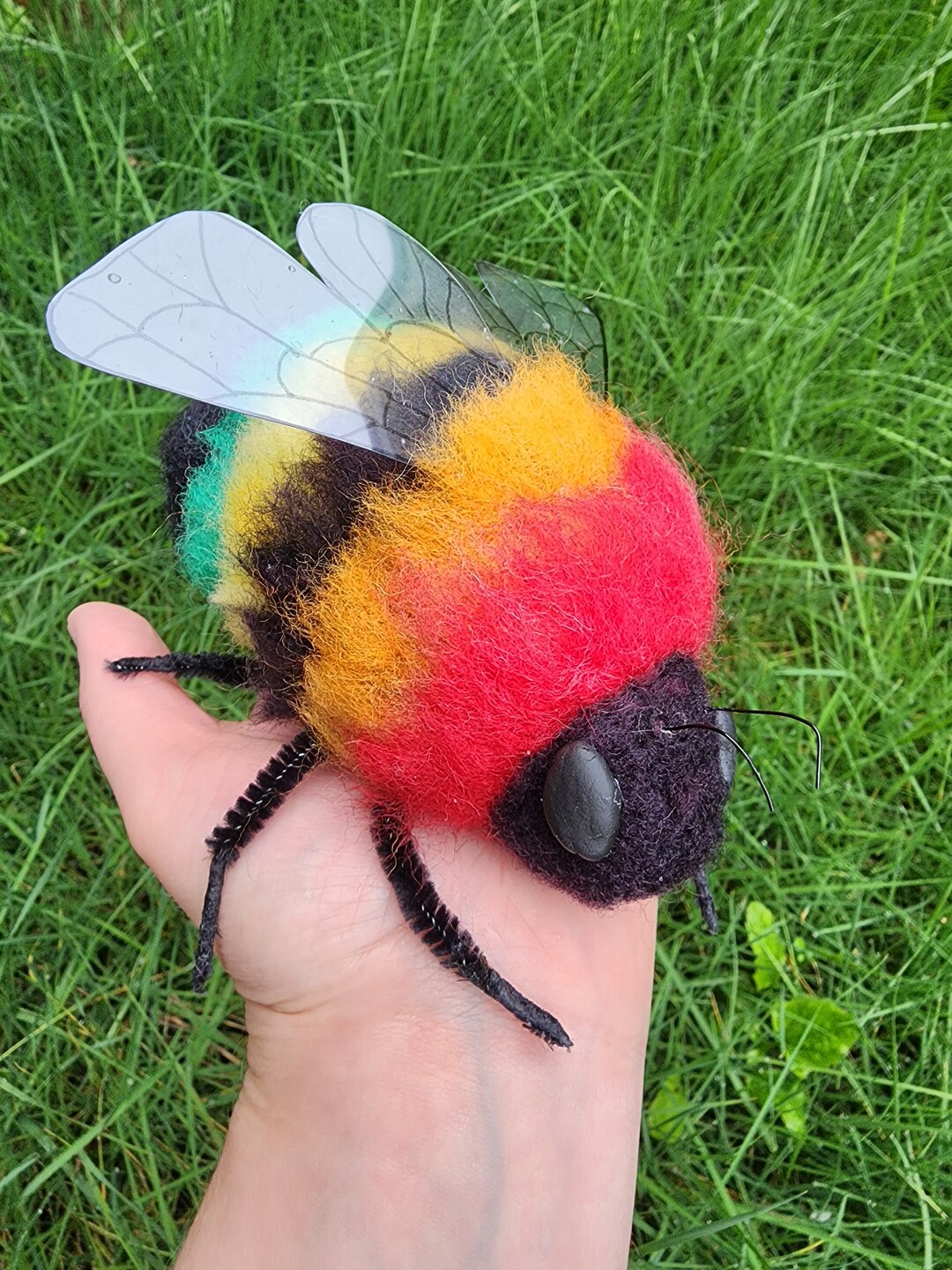 Needle Felted Giant Rainbow Bumblebee. Felted Bee Art. Bee Figure