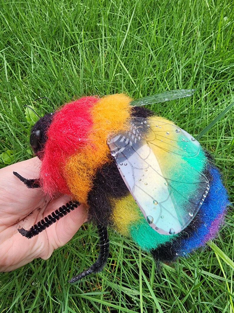 Needle Felted Giant Rainbow Bumblebee. Felted Bee Art. Bee Figure