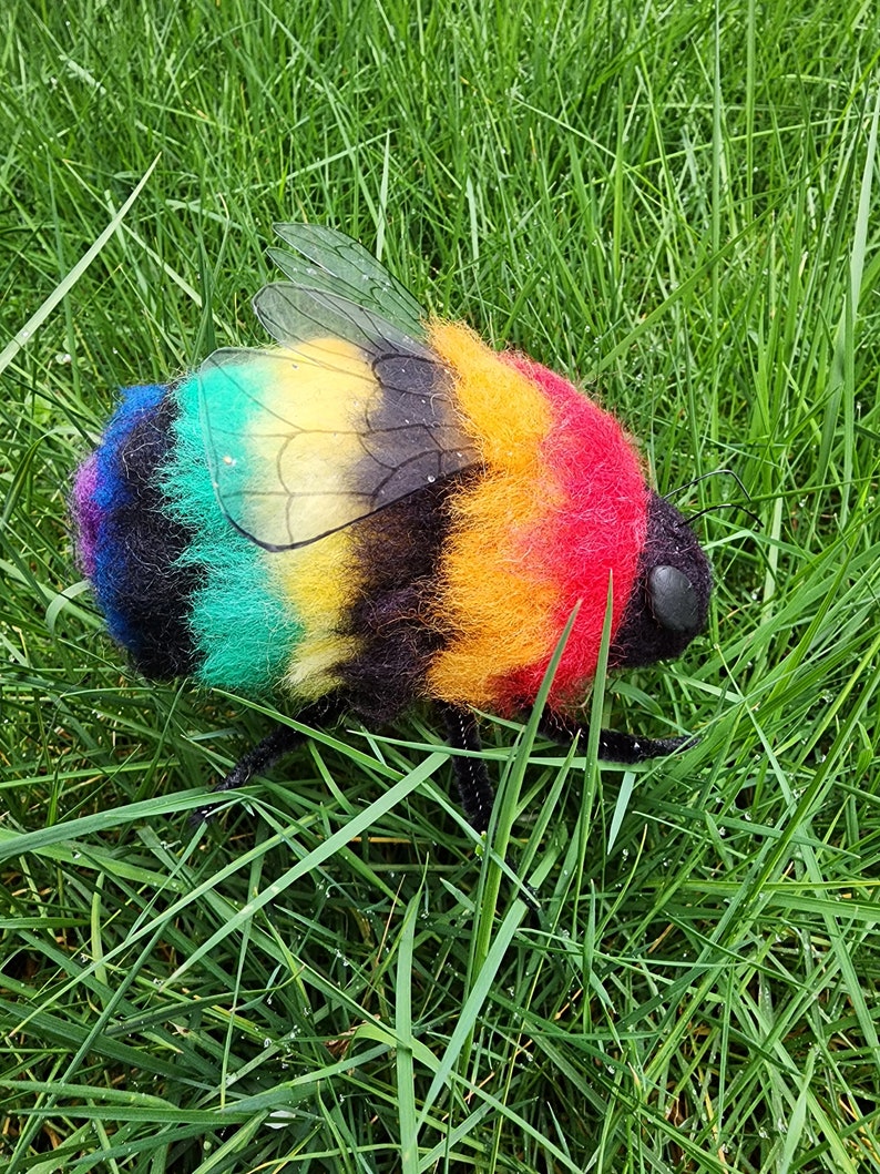 Needle Felted Giant Rainbow Bumblebee. Felted Bee Art. Bee Figure