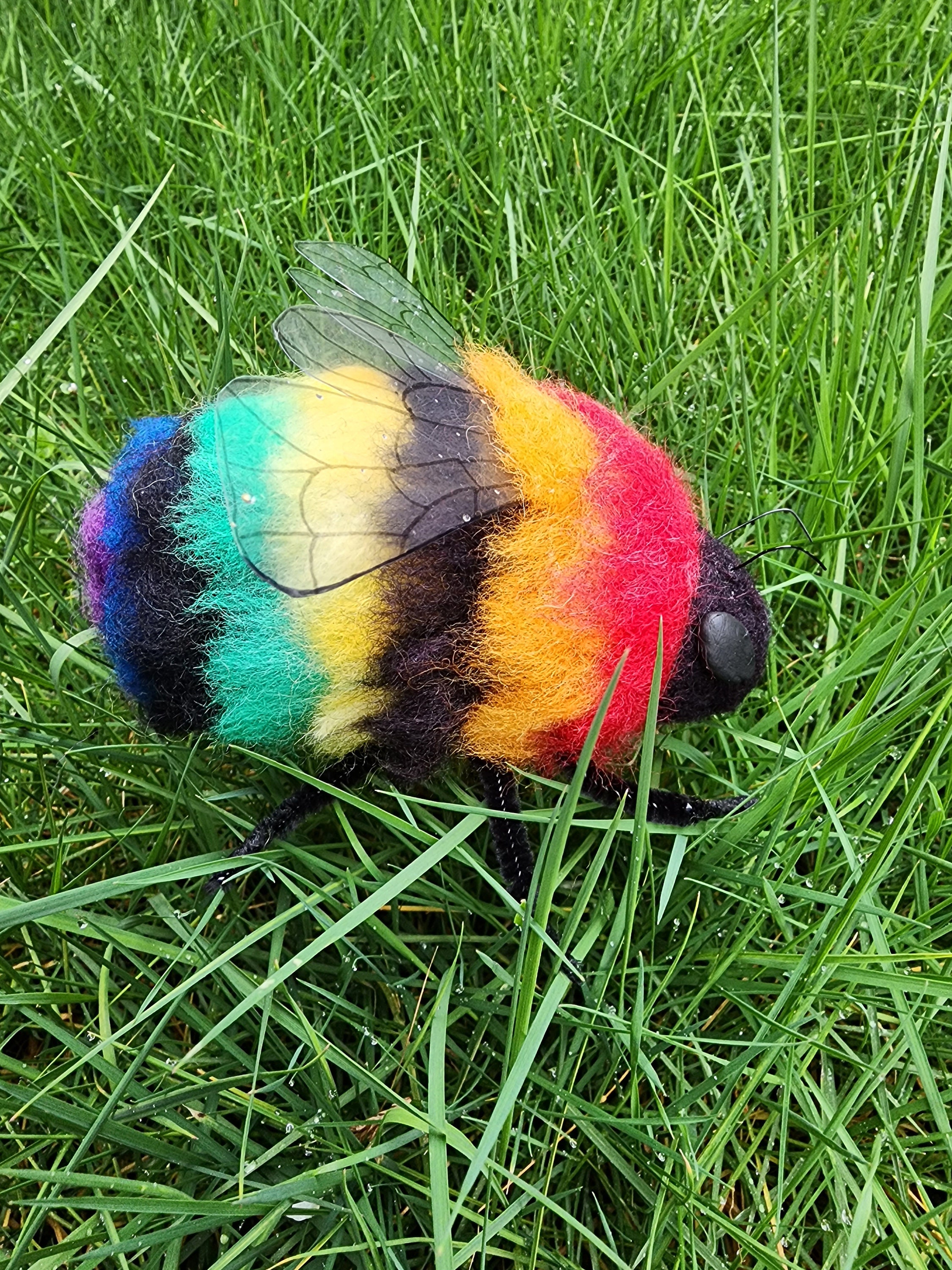 Needle Felted Giant Rainbow Bumblebee. Felted Bee Art. Bee Figure
