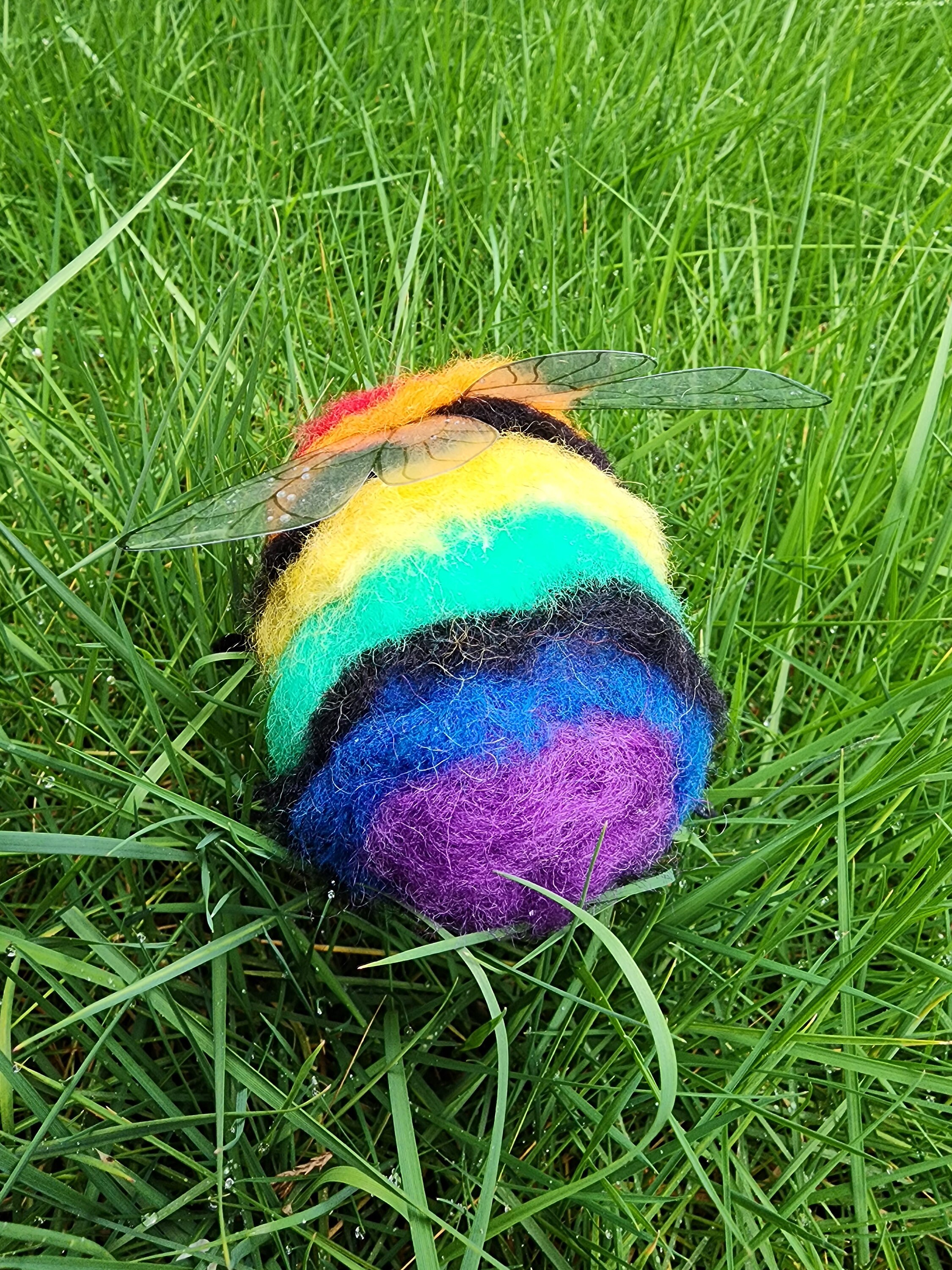 Needle Felted Giant Rainbow Bumblebee. Felted Bee Art. Bee Figure