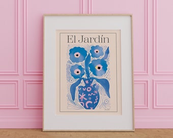 Tentoonstelling Poster Floral - Mid-Century Modern Wall Art - Boho Gallery Wall - Matisse Blue Art Poster, El Jardin Flowers - Digitale download