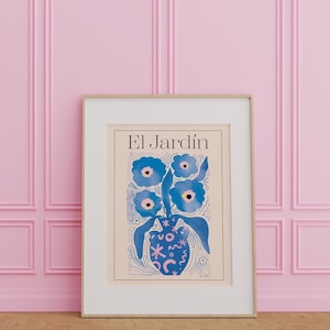 Floral Exhibition Poster: Mid-Century Modern Blue Flowers Art (Digital Download)