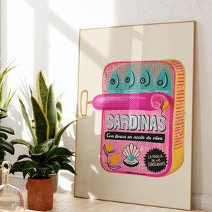 Sardinen Art Print, rosa Sardinen Blechdose Vintage Poster, Retro Verpackung bunt leuchtend lebendige Maximalist Kunst, sofortiger Download druckbar