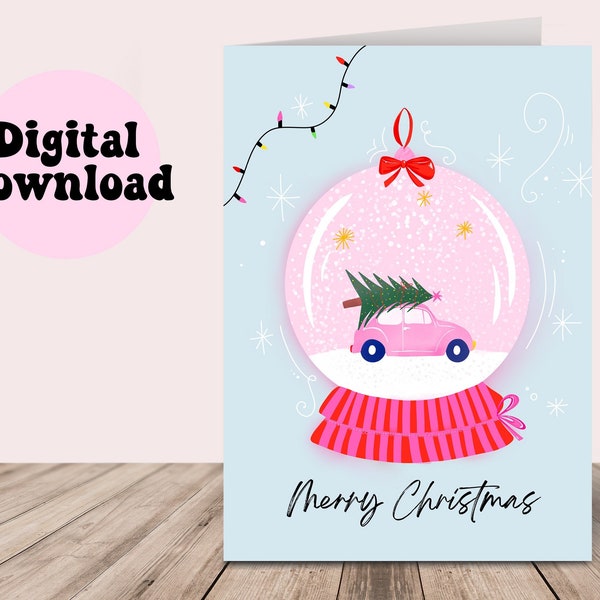 Printable Cute Pink Christmas Card, Pink Merry Christmas Card Instant Download, print at home, Pink Snow Globe Card printable, digital card