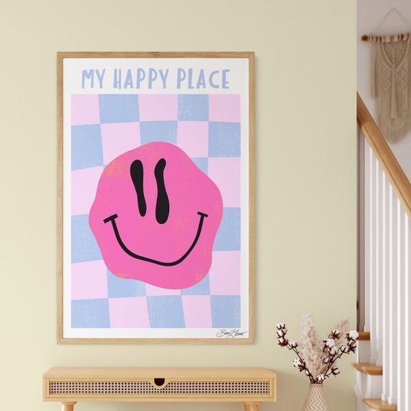 Smiley Wall Art - My Happy Place poster - Digital Download retro funky poster - pink Smiley on a checkerboard