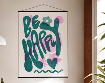 Be Happy Retro Wall Art: Trendy Risograph Print (Digital Download)
