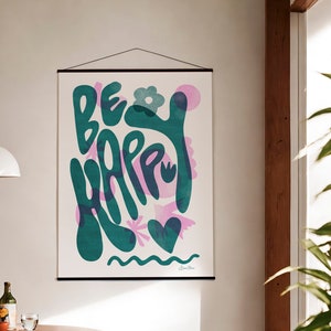 Be Happy Retro Wall Art: Trendy Risograph Print (Digital Download)