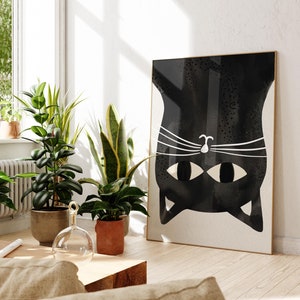Arte della parete gatto nero, gatto sottosopra, poster acquerello gatto astratto, regalo amante dei gatti, stampe di download digitale, grande arte stampabile