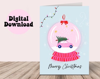 Printable Cute Pink Christmas Card, Pink Merry Christmas Card Instant Download, print at home, Pink Snow Globe Card printable, digital card