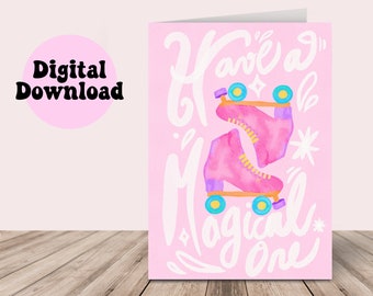 Roze verjaardagskaart afdrukbaar, rolschaatsen roze kaart Happy Birthday, digitale download verjaardagskaart roze, Instant Download roze kaart