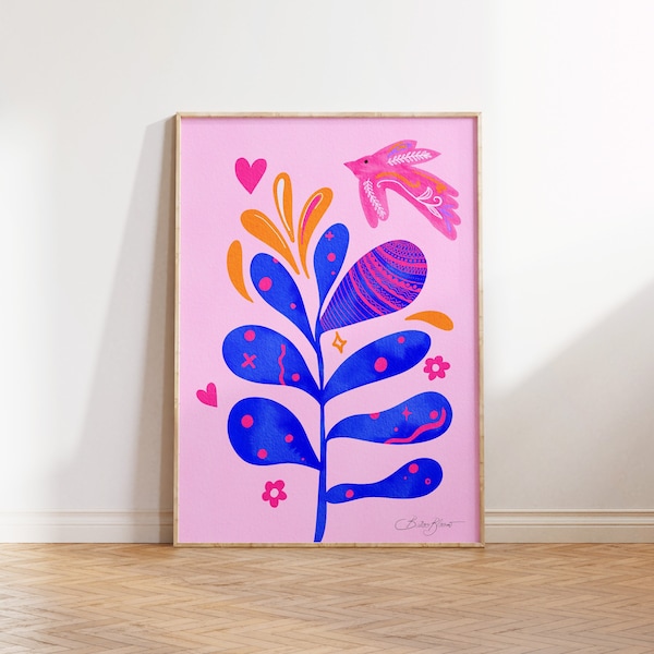 Printable Maximalist Art - Pink / Blue Botanical Floral Abstract Flower Wall art - Modern Eclectic style - digital instant download