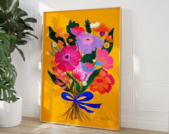 Eclectische bloemenposter - Maximalistische bloemenmuurkunst - kleurrijk eclectisch roze boeketschilderen - instant download - afdrukbare kunst