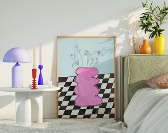 Pink Wavy Vase Art Print: Checkerboard Watercolor Illustration (Digital Download)