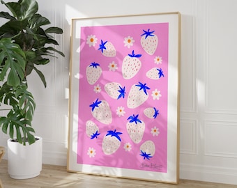 Strawberry Pink Watercolor Art Print, Maximalist Poster (Digital Download)