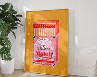 Perfect Match Wall Art | Girlfriend Gift  Art Pink | Matchbox Poster | Retro Print Match Box | Valentines Day | Wall Decor Art Download