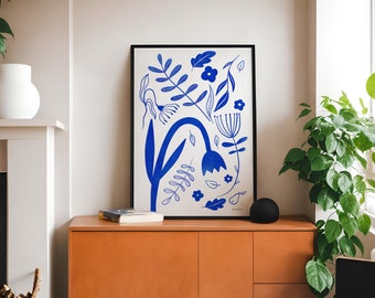 Abstracte bloemen - blauwe bloemenmuurkunst, Scandinavische esthetische poster, eenvoudige bloemillustratie, instant download - afdrukbare poster
