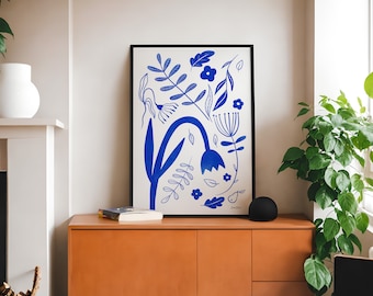 Blue Floral Wall Art: Nordic Flower Illustration (Digital Download)