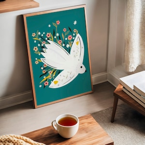 Arte della parete con illustrazione floreale di uccelli - Poster floreale verde smeraldo del gabbiano, divertente stampa artistica massimalista audace, poster stampabile con download istantaneo