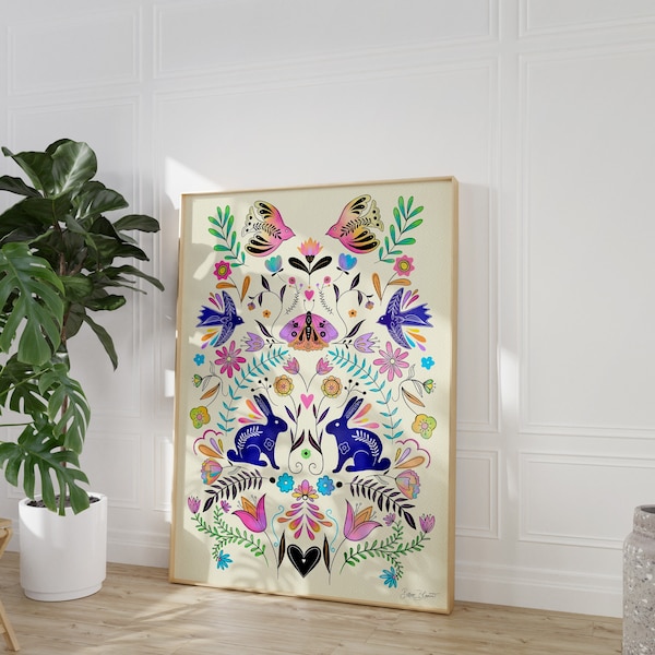 Folk Art Modern Poster - Colorful Flower Folklore Print - bright Nordic Pattern with boho Flowers - Eclectic Wall Decor - digital download