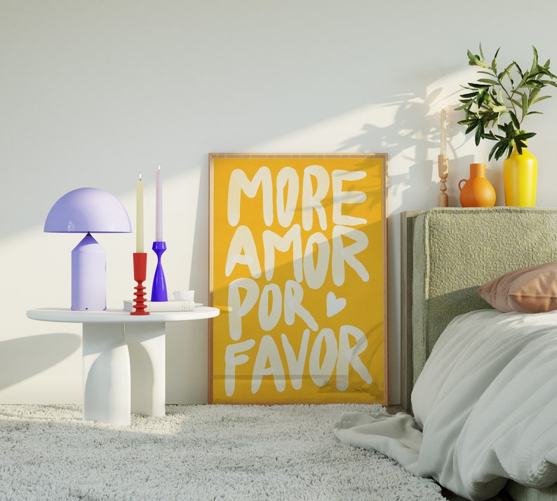 Maximalist Poster More Amor Por Favor wall art Sunshine Modern Eclectic Wall Art Yellow instant download Love Quote Printable Art image 7