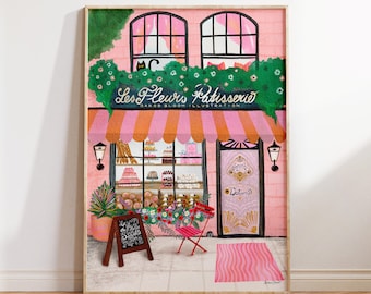 Pink Bakery Print: Vintage Patisserie Storefront Illustration (Digital Download)