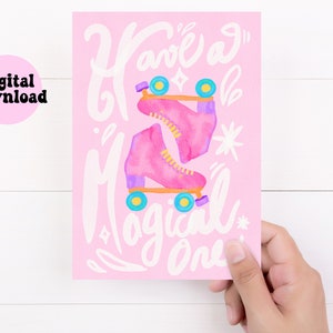 Pink Birthday Card Printable, Roller Skates Pink Card Happy Birthday, Digital Download Birthday Card Pink, Instant Download Pink Card