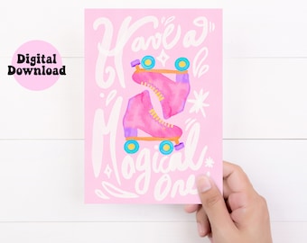 Carte d'anniversaire rose imprimable, patins à roulettes carte rose joyeux anniversaire, téléchargement numérique carte d'anniversaire rose, téléchargement immédiat carte rose