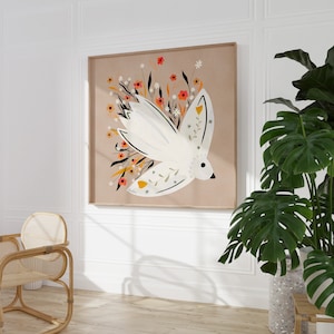 Linda ilustración arte de la pared - cartel floral de gaviota, impresión de arte nórdico, pintura escandinava, descarga instantánea cartel cuadrado imprimible