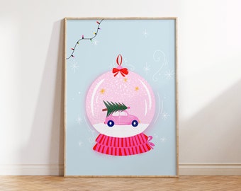 Pink Christmas Print - Pink Snow Globe, Pink Wallart Printable, Pink Digital Download Print at Home, Eclectic Wall Art, Christmas printable
