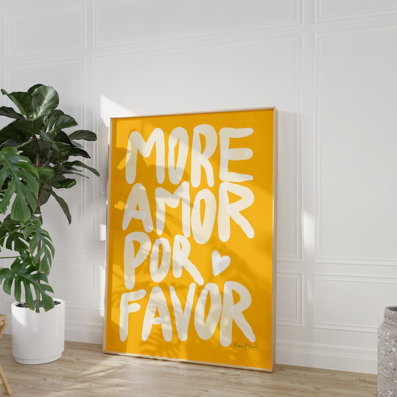 Maximalist Poster More Amor Por Favor wall art Sunshine Modern Eclectic Wall Art Yellow instant download Love Quote Printable Art image 1