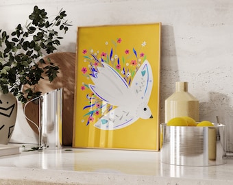 Yellow Floral Seagull Art Print: Boho Bird Illustration (Digital Download)