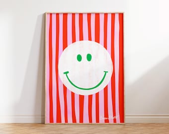 Smiley Wall Art Print – Colorful Pink and Red Stripes, Happy Poster, Dopamine Pop Art, Positive Vibes