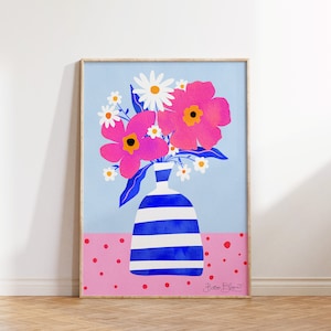 Cartel maximalista - Flores rosas en un jarrón a rayas arte de pared Estilo Memphis - Descarga instantánea rosa ecléctica moderna - Arte imprimible