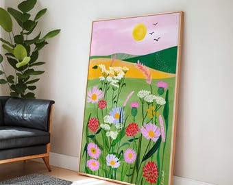 Pink Floral Landscape Illustration: Field Flowers Wall Art (Digital Download)