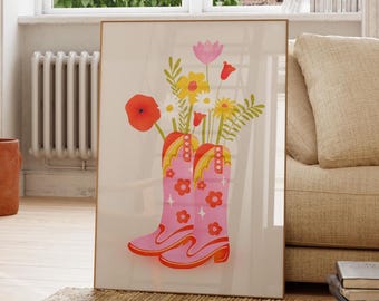 Floral Cowgirl Boots Art Print: Trendy Pink Decor (Digital Download)