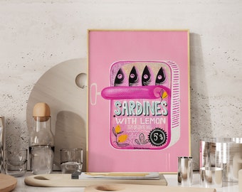 Sardines Print, Sardine Tin Vintage Poster, Modern Kitchen Wall Decor, Colorful Bright Vibrant Maximalist art, instant download Printable,