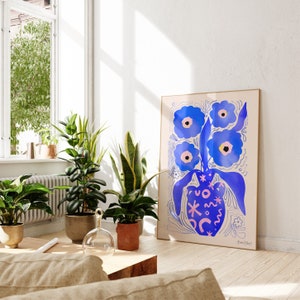 Cartel de arte maximalista - Flores azules en un jarrón - arte de pared imprimible - Cartel ecléctico colorido moderno - descarga instantánea - Arte imprimible