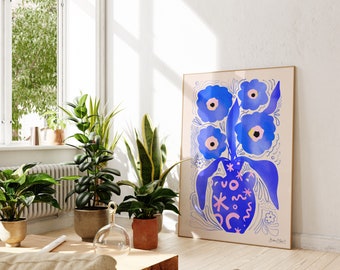 Maximalist Art Poster - Blauwe bloemen in een vaas - afdrukbare muurkunst - Moderne kleurrijke eclectische poster - instant download - Afdrukbare kunst