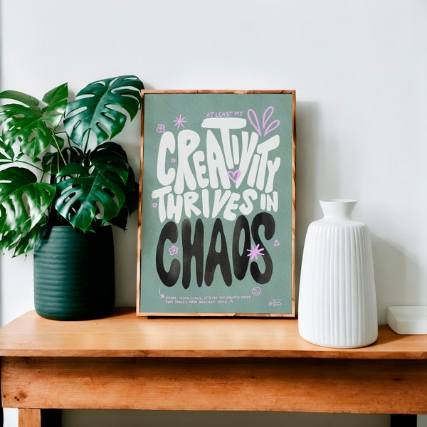 Maximalist Poster - Quote Creativity thrives in Chaos - Printable wall art - Modern Colorful Eclectic Green Pink poster instant download