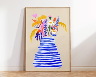 Floral Bouquet Art Print: Colorful Striped Vase Illustration (Digital Download)