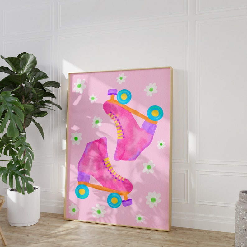 Cartel maximalista rosa - arte de pared imprimible ecléctico, arte de pared de patinaje sobre ruedas rosa imagen 3