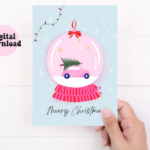 Cartão de Natal rosa fofo para impressão, cartão de feliz Natal rosa download instantâneo, imprimir em casa, cartão globo de neve rosa para impressão, cartão digital