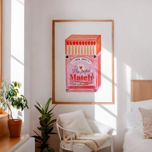 Perfect Match Wall Art / Cartel de Matchbox rosa / Arte de amor / Vintage Print Match Box / Regalo de novia / Regalo de aniversario / Decoración de pared