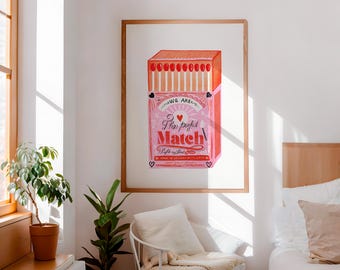 Perfect Match Wall Art | Pink Matchbox Poster  | Love Art | Vintage Print Match Box | Girlfriend Gift | Anniversary Gift | Wall Decor